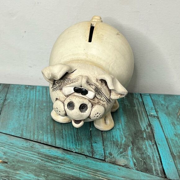 Pottery Piggy Bank Farmhouse Distressed - Picture 2 of 11